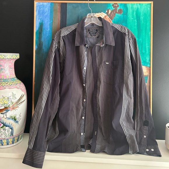 Point Zero Men's Black and Gray Striped Shirt L Semi Fit Y2K - Picture 1 of 16